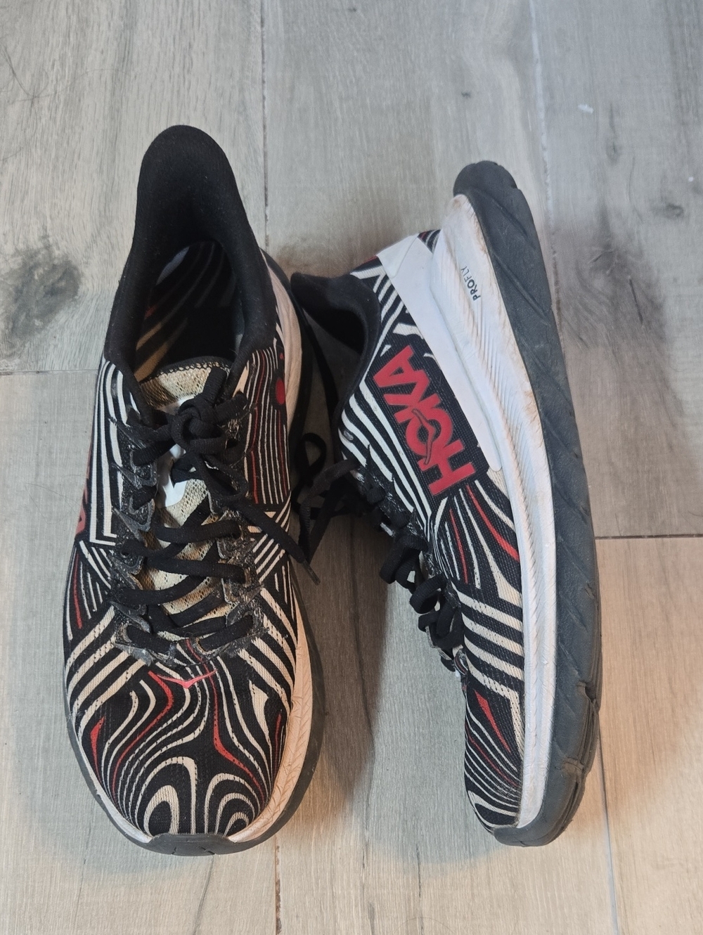 HOKA Ironman Running Shoes Size 10D Black Red Pattern Lightweight Trainers